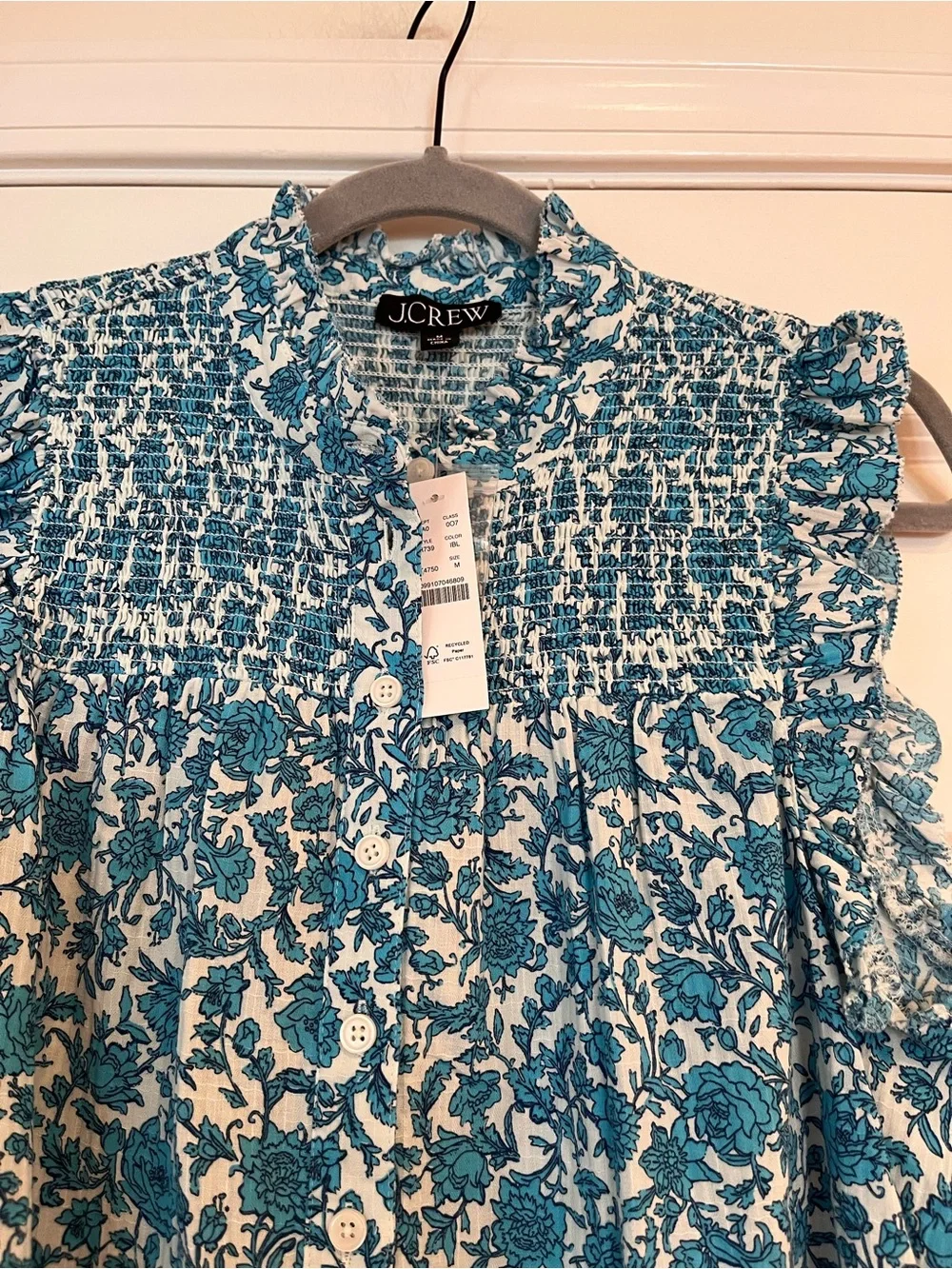 NWT J. Crew Smocked Garden Soft Gauze Top Size Medium Blue Blooms Block Print